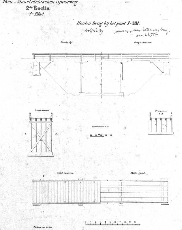 technische tekening van een houten brug over de spoorlijn Maastricht Aken