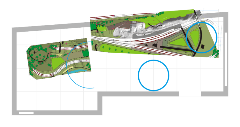 derde fase van ontwerpen; het opknippen van de modelbaan in delen waarbij het sporenplan aangepast wordt.