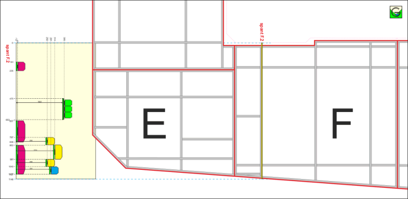 afbeelding van schot F2 van de bovenbouw waarin de hoogten van de modelrails van het schaduwstation en de sporen op niveaus (-1a), (-1b) en de zictbare sporen zijn ingetekend.