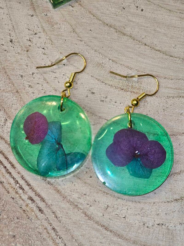 BOUCLES D'OREILLES RONDE VERT FLEURS