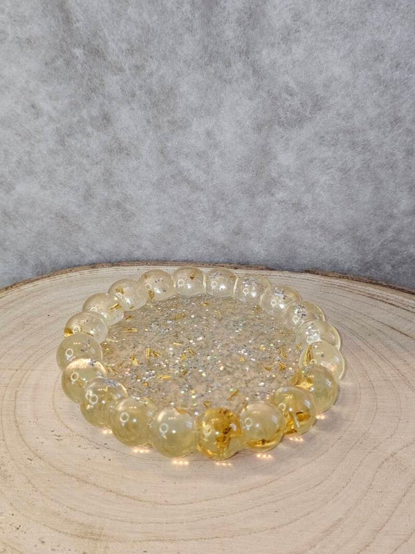 VIDE POCHE ROND BUBBLE PAILLETTES ARGENT ET FEUILLES OR