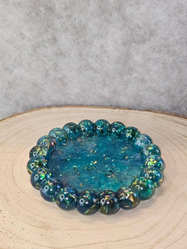 VIDE POCHE ROND BUBBLE BLEU FEUILLES OR