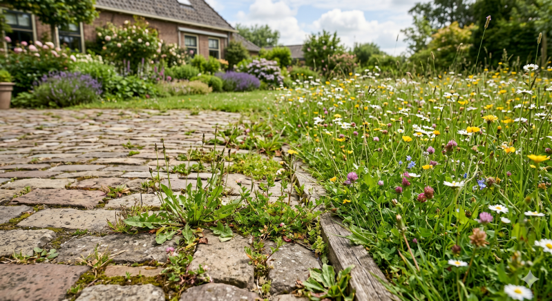 bloemrijk gazon naast verharding met open voeg