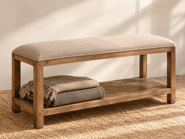 Banco estilo mediterráneo con tapicería tipo lino beige 120x40x35