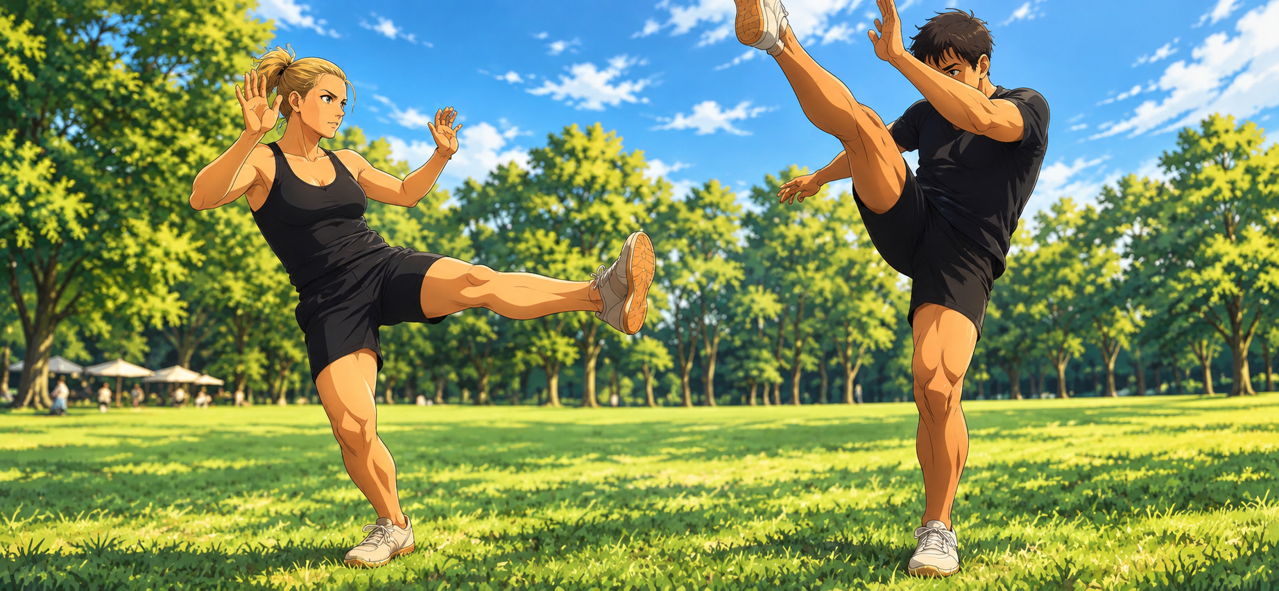 Illustrazione di due Capoeiristi che si allenano nel parco con calci e movimenti di Capoeira - Tridimensional Capoeira Parma.