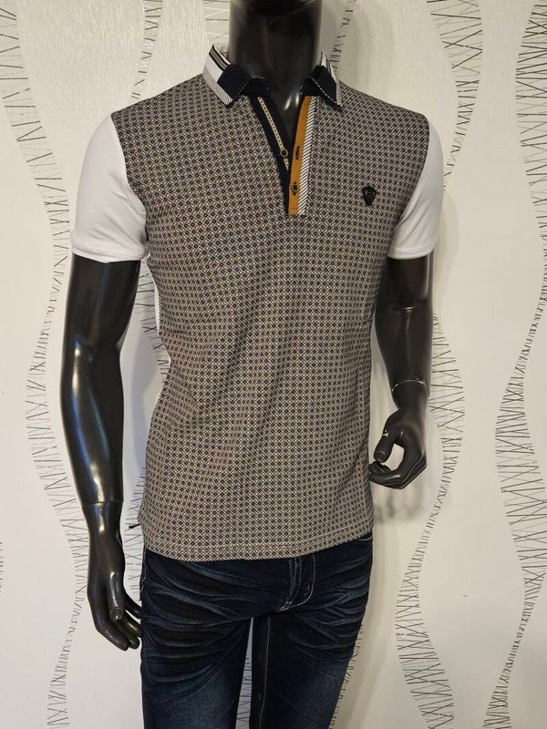 Polo blanc à motifs bleu marine/camel