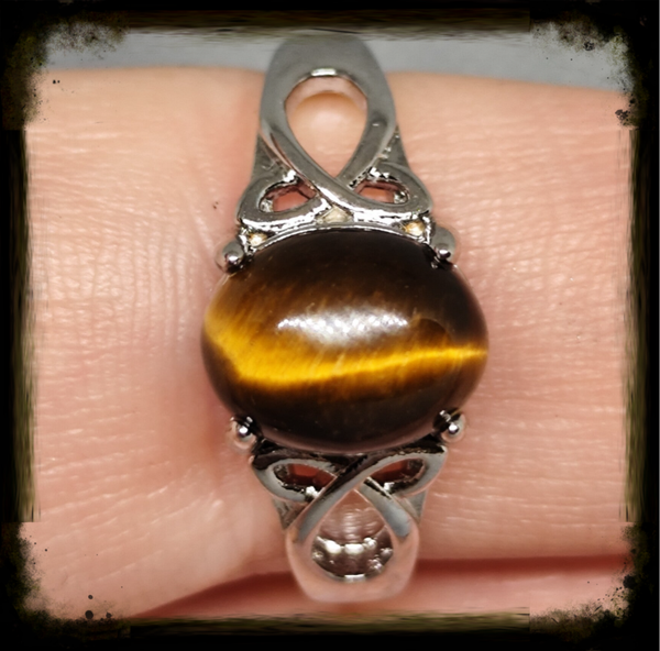 Bague Réglable en Laiton Rhodié avec Œil de Tigre