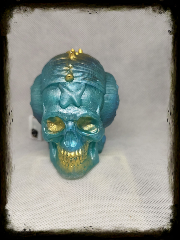Crâne Décoratif "Sultan des Glaces" : Turquoise Scintillant et Or