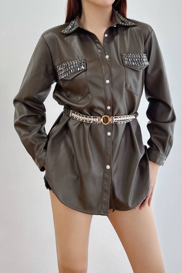 Rhinestone button down Leather blouse