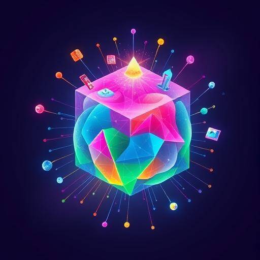 A vibrant, geometric illustration of a creator's brain, represented as a digital cube, emitting multiple streams of creative energy into different virtual environments.