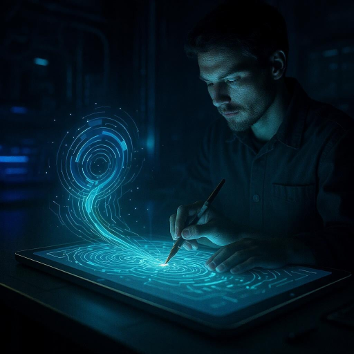 Digital artist's hand painting on a glowing tablet, intricate light patterns, cyber-futuristic, high-tech studio, concept art.