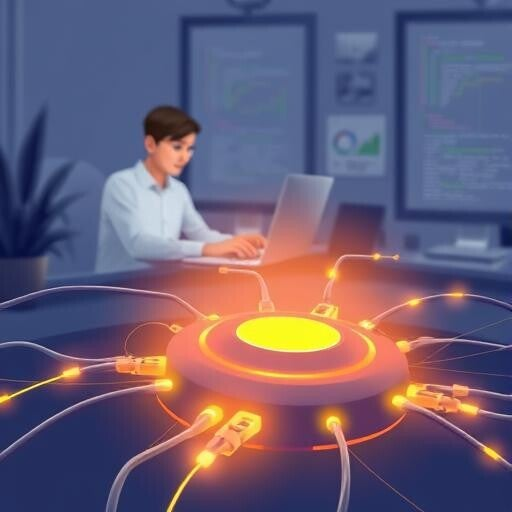 A modern illustration of a person working remotely, with a stylized, glowing network hub in the foreground, showing data flowing smoothly and efficiently to their laptop.