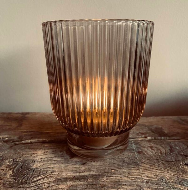 Windlicht glas beige met ribbels 12*10