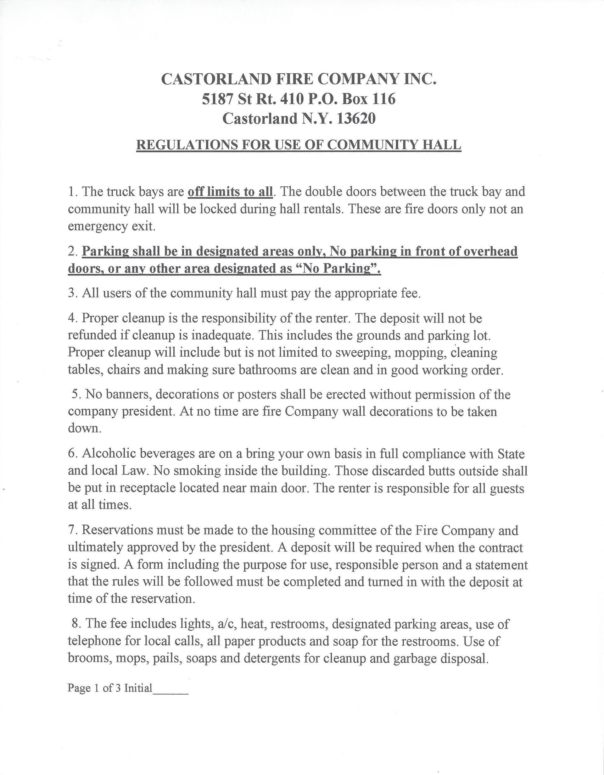 Hall Rental / Documents Castorland Fire Company Inc