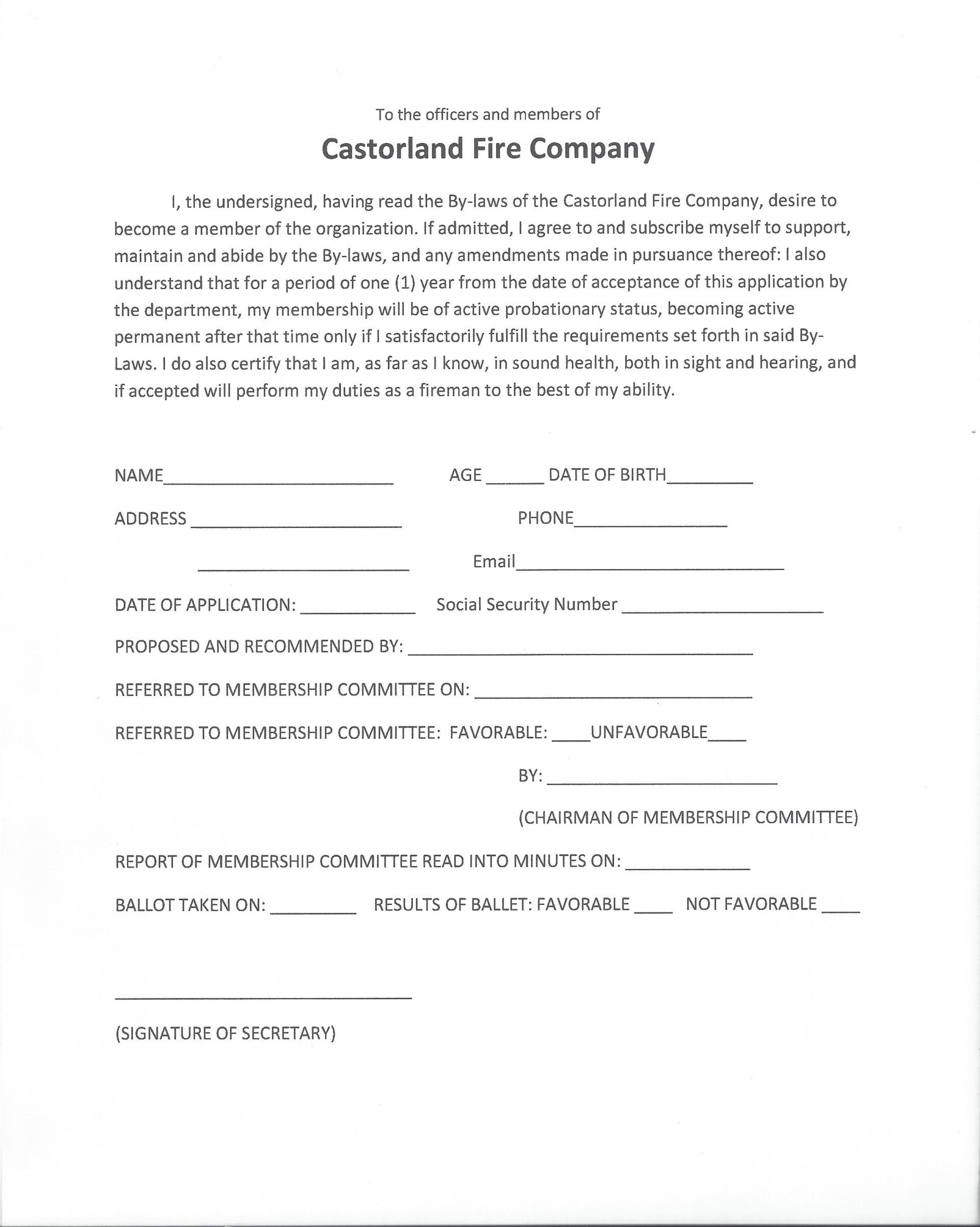Membership Application / Documents Castorland Fire Company Inc