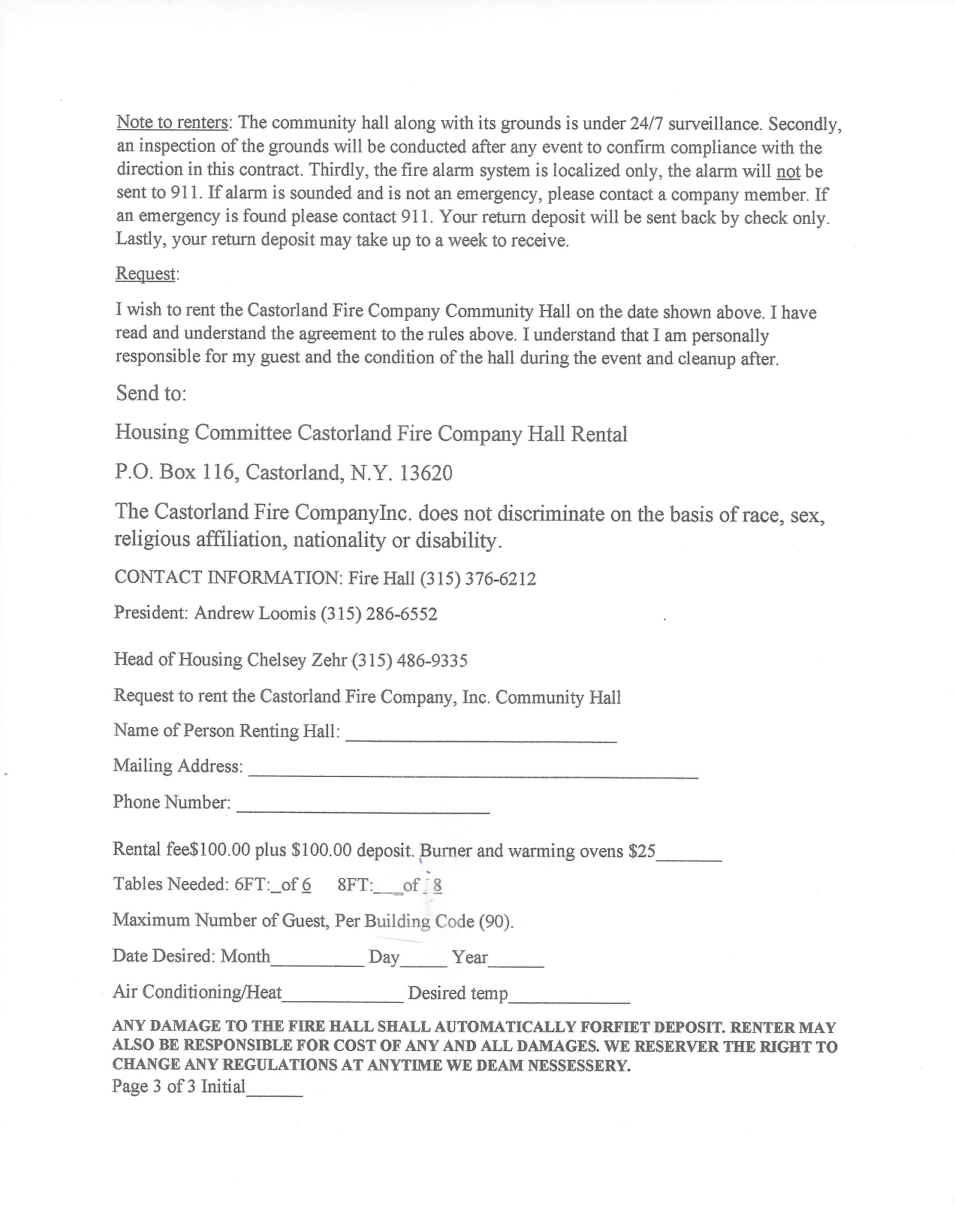 Hall Rental / Documents Castorland Fire Company Inc