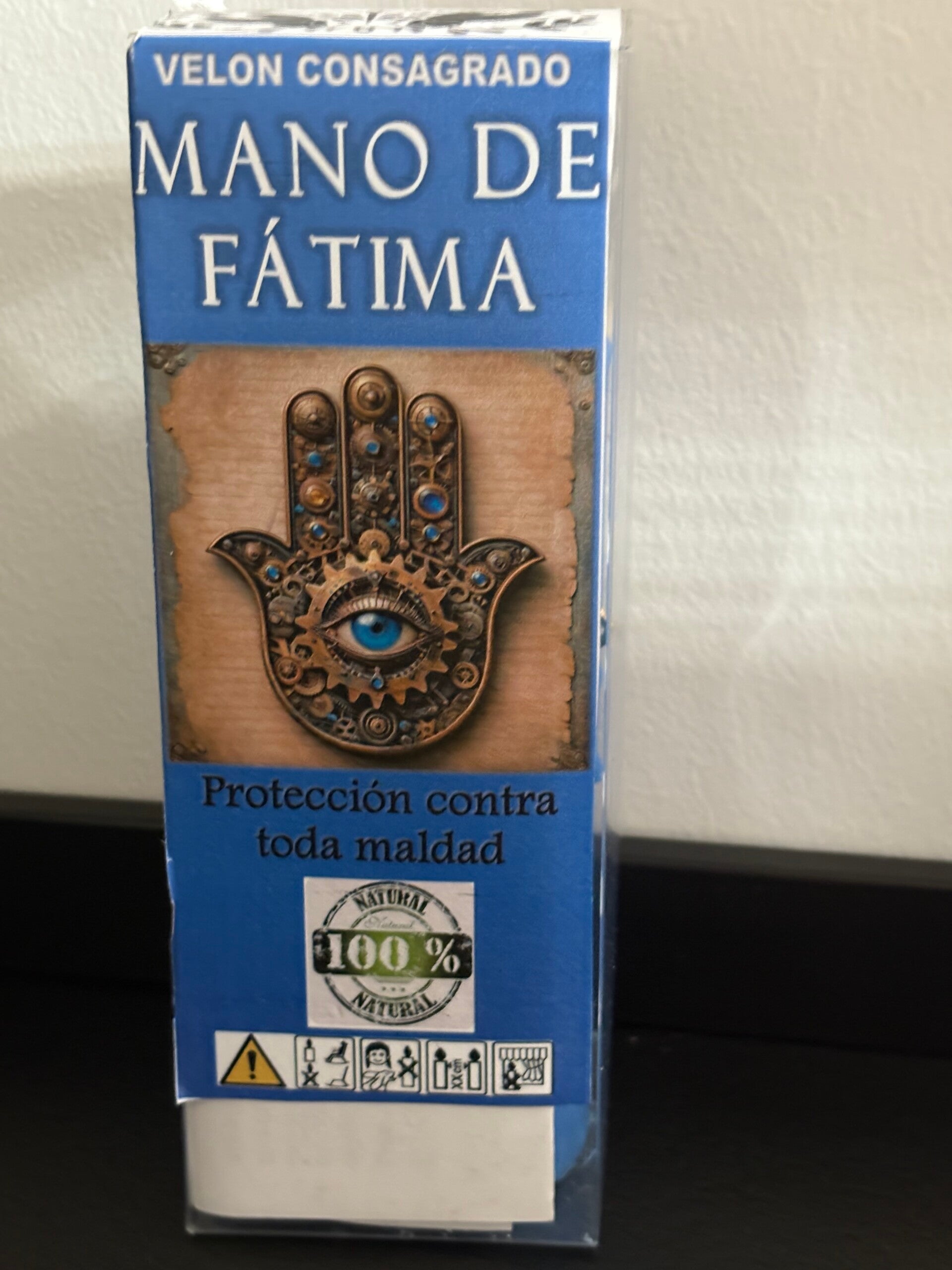 Velón consagrado Mano de Fátima Esotérico 16x6cm aprox