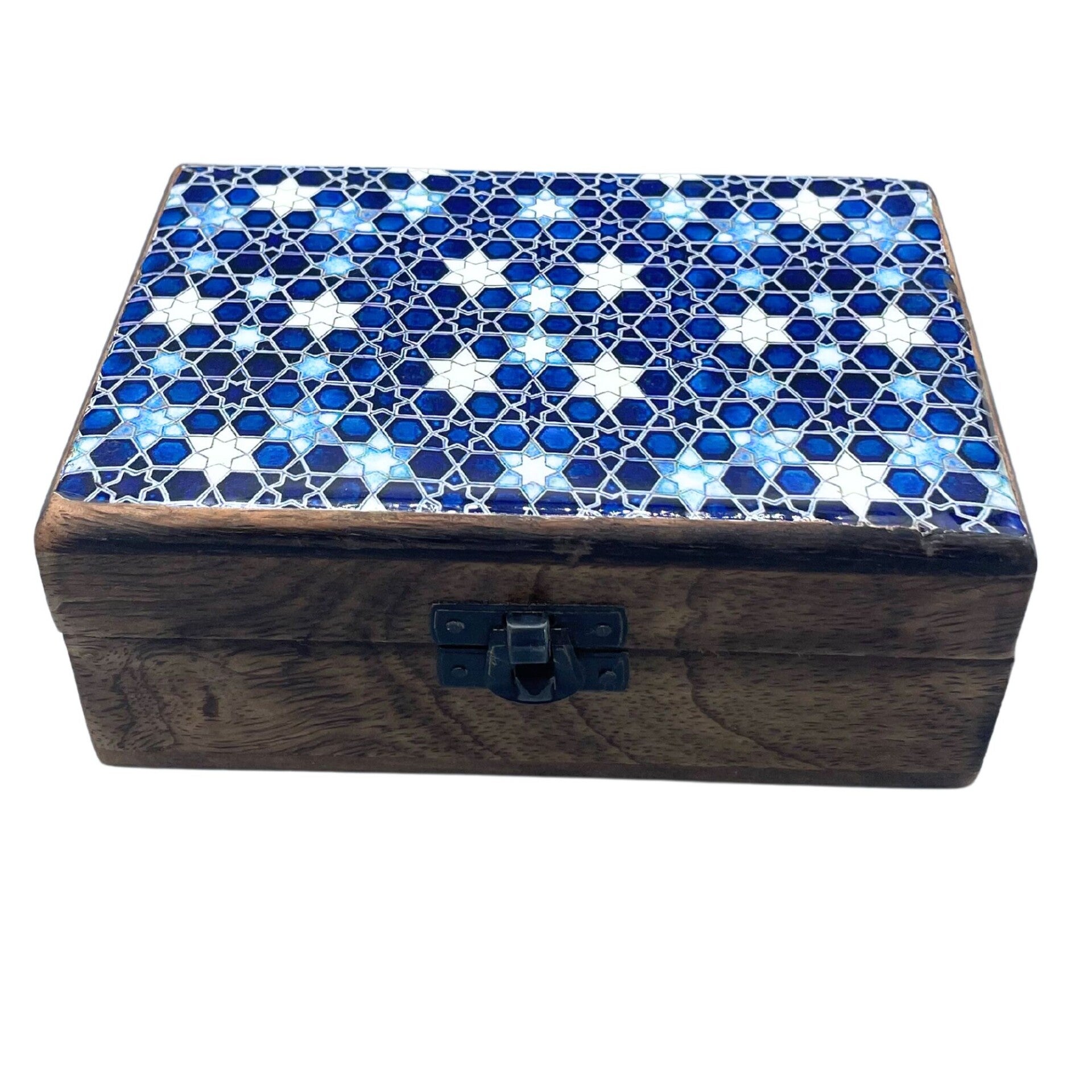 Caja de Madera de Cerámica Esmaltada Mediana - 15x10x6cm - Estrellas Azules