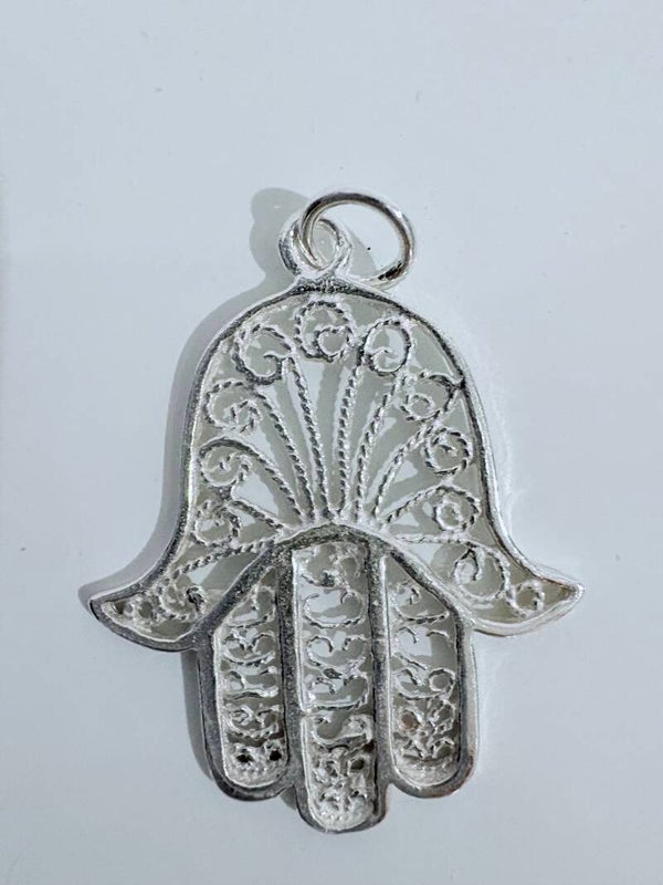 COLGANTE DE PLATA DE LEY 925 EN FORMA DE MANO DE FÁTIMA CON FILIGRANA 33 X 26 MM