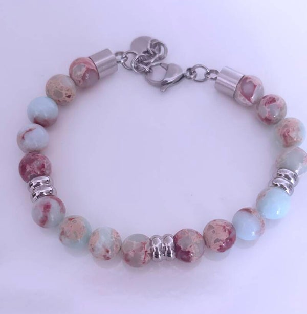 PULSERA DE ACERO INOXIDABLE CON PIEDRAS DE VARISCITA DE 8 MM. LARGO: 19 + 2 CM