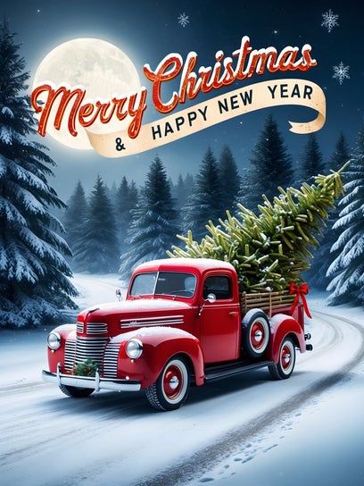 Red Vintage Truck β Christmas & New Year art with classic red pickup, snowy landscape, full moon and festive tree, rode vintage truck kerst illustratie.