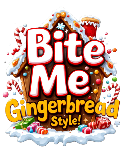 Bite Me Gingerbread Style β humorous Christmas gingerbread art with festive twist, grappige kerstkoek mannetje illustratie
