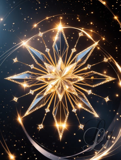 Golden starburst artwork β celestial holiday wall art with glowing cosmic star in gold and crystal light, luxe moderne kerstdecoratie schilderij ster