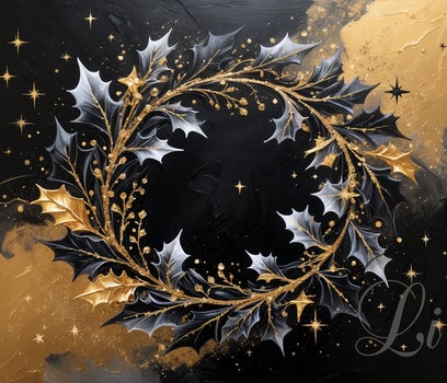 Golden and silver holly wreath artwork β festive holiday wall art with stars on black background, luxe moderne winterdecoratie schilderij krans