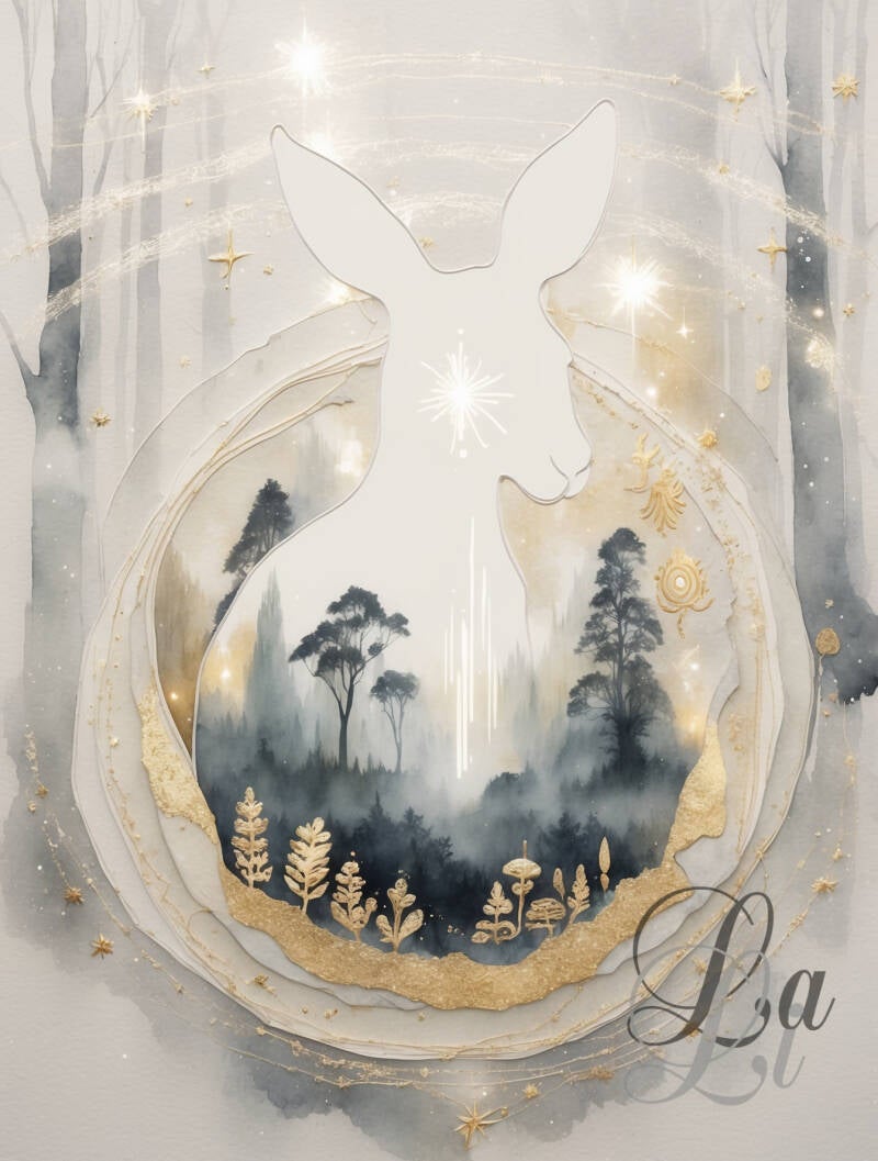 Ethereel kunstwerk van een witte kangoeroe omgeven door gouden accenten, sterren en mistige bossen — symbolisch voor bescherming, veerkracht en innerlijke rust.