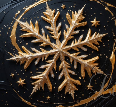 Golden snowflake elegance artwork β shimmering winter wall art with abstract golden details and dark background, moderne luxe kerstdecoratie schilderij sneeuwvlok