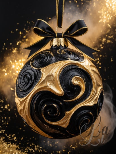 Black and gold Christmas ornament artwork β festive holiday wall art with swirls and bow, luxe moderne kerstdecoratie schilderij kerstbal