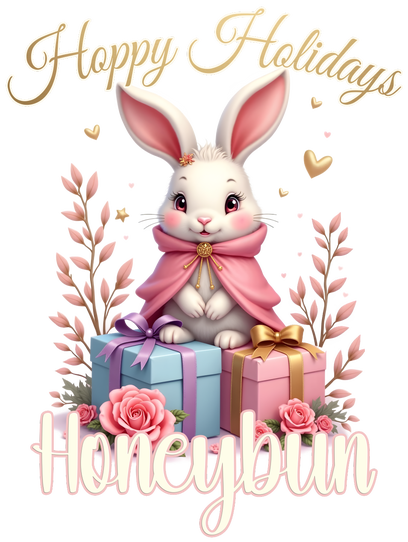 Hoppy Holidays Honeybun β cute Christmas bunny art in pastel with gifts and hearts, schattige kerst konijn illustratie