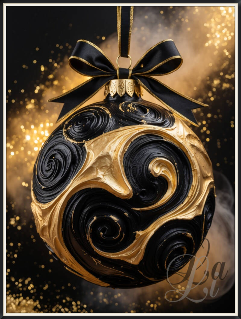 Black and gold Christmas ornament artwork – festive holiday wall art with swirls and bow, luxe moderne kerstdecoratie schilderij kerstbal