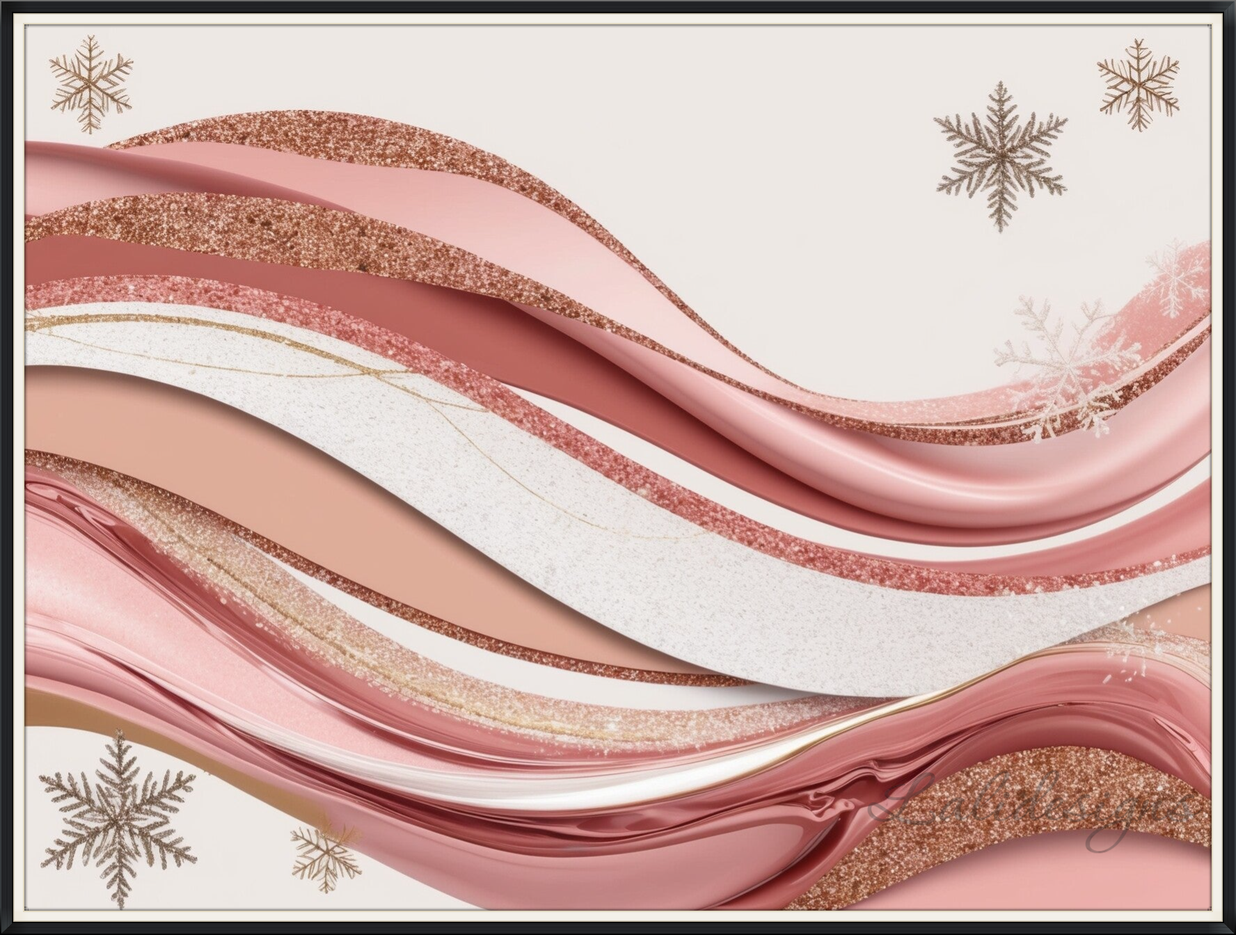 Abstract Pinkmas Waves – modern Christmas wall art in pastel and rose gold with flowing waves and snowflakes, moderne kerstkunst pastel
