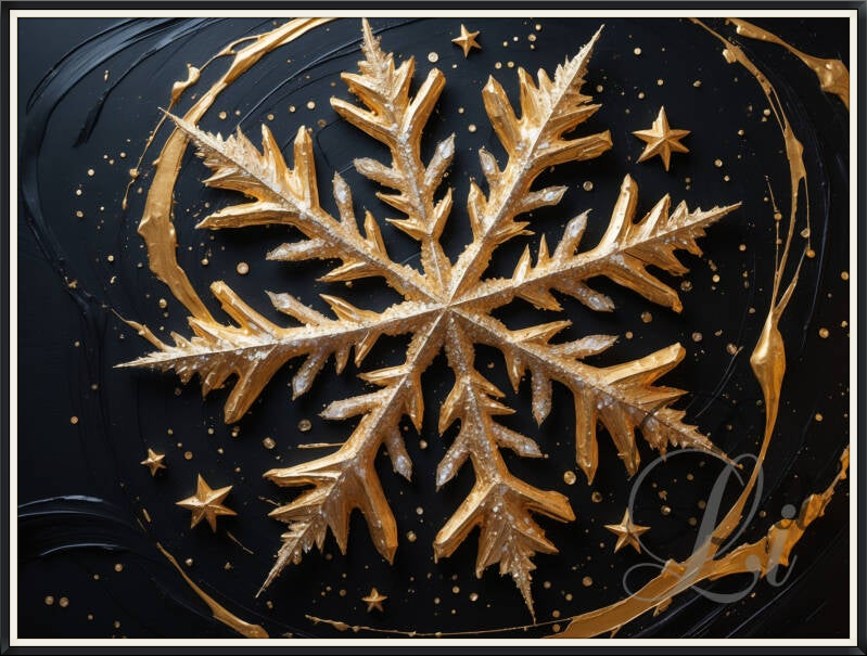 Golden snowflake elegance artwork – shimmering winter wall art with abstract golden details and dark background, moderne luxe kerstdecoratie schilderij sneeuwvlok