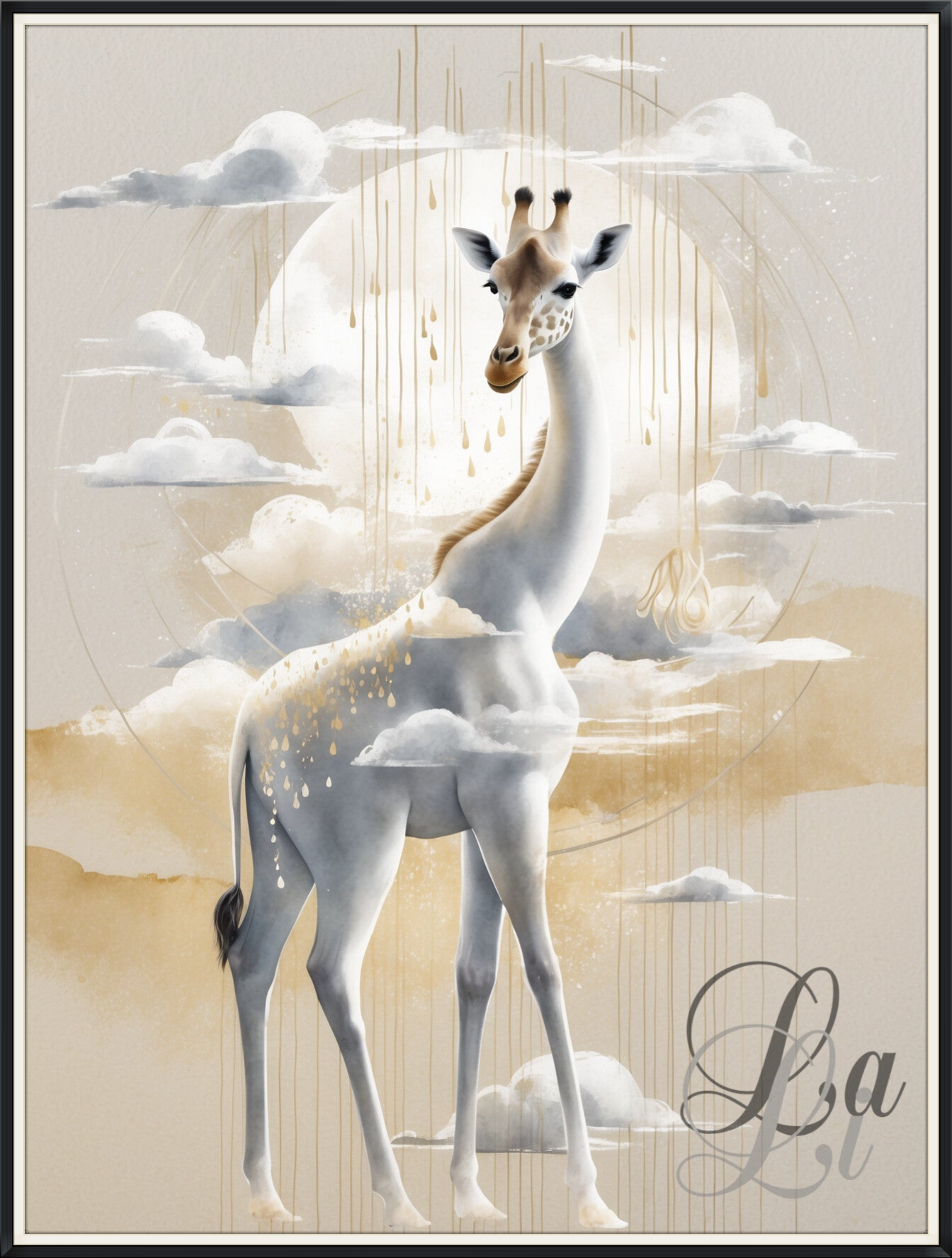 Ethereel kunstwerk van een witte giraffe omringd door wolken en gouden regendruppels — symbool van verbinding tussen hemel en aarde, zegen en sereniteit.