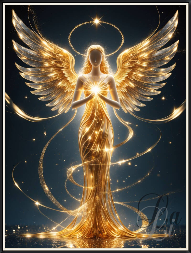 Golden angel artwork – radiant celestial wall art with glowing wings and light halo, moderne luxe kerstdecoratie schilderij engel
