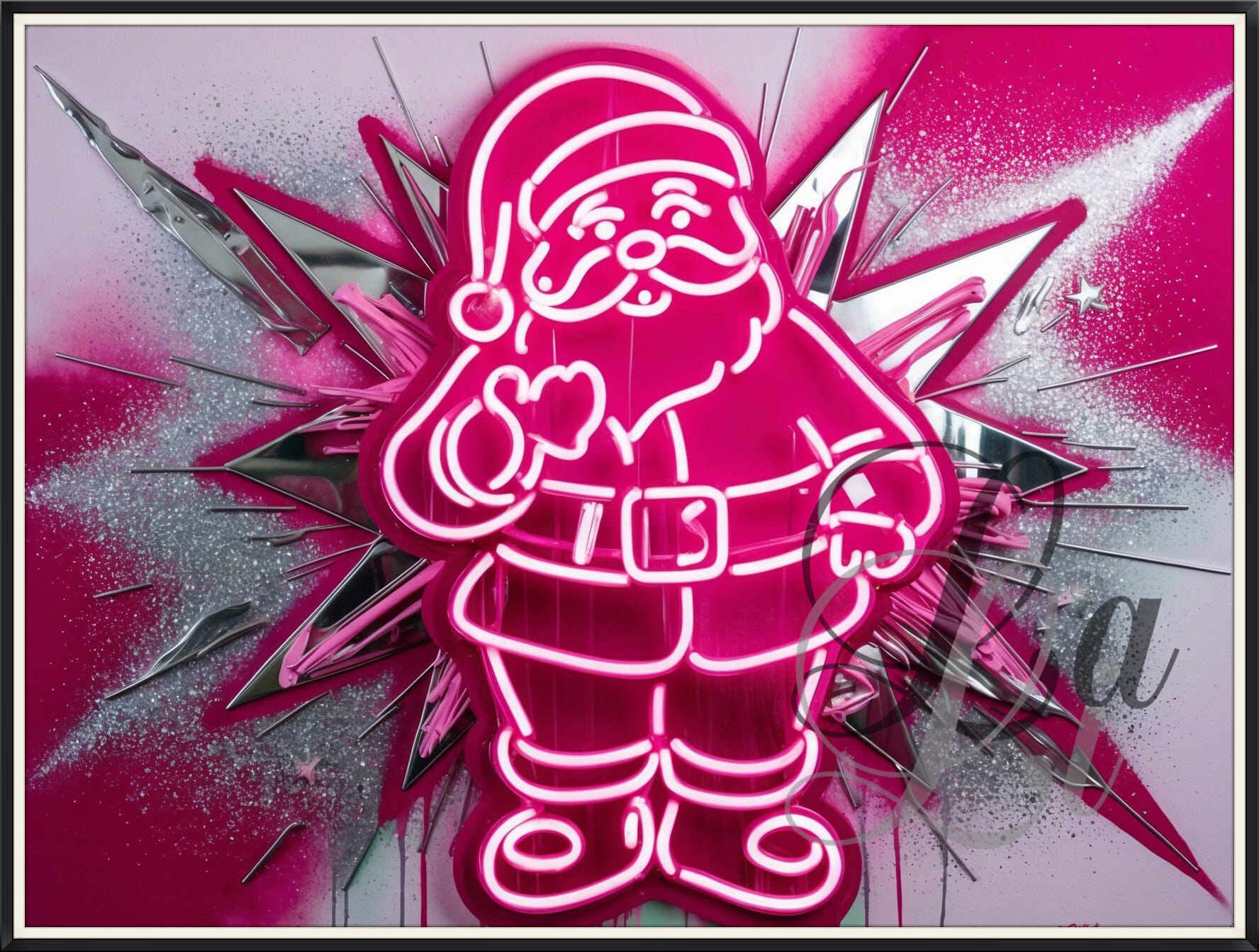 Neon Pinkmas Santa – bold modern Christmas art in vibrant neon pink with silver accents and explosive background, moderne kerstman kunst