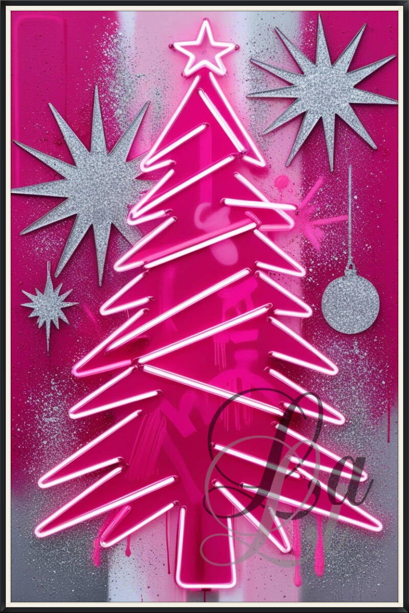 Neon Pinkmas Tree – modern Christmas art in vibrant neon pink with silver stars and festive glow, moderne kerstboom kunst.