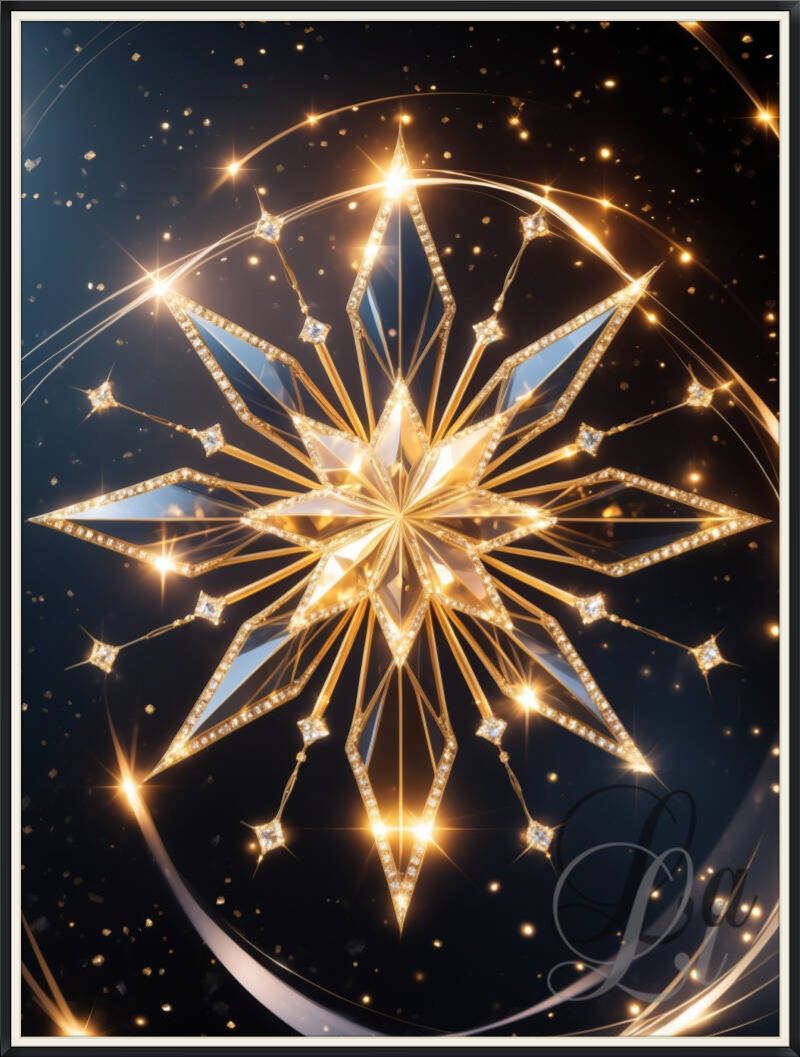 Golden starburst artwork – celestial holiday wall art with glowing cosmic star in gold and crystal light, luxe moderne kerstdecoratie schilderij ster