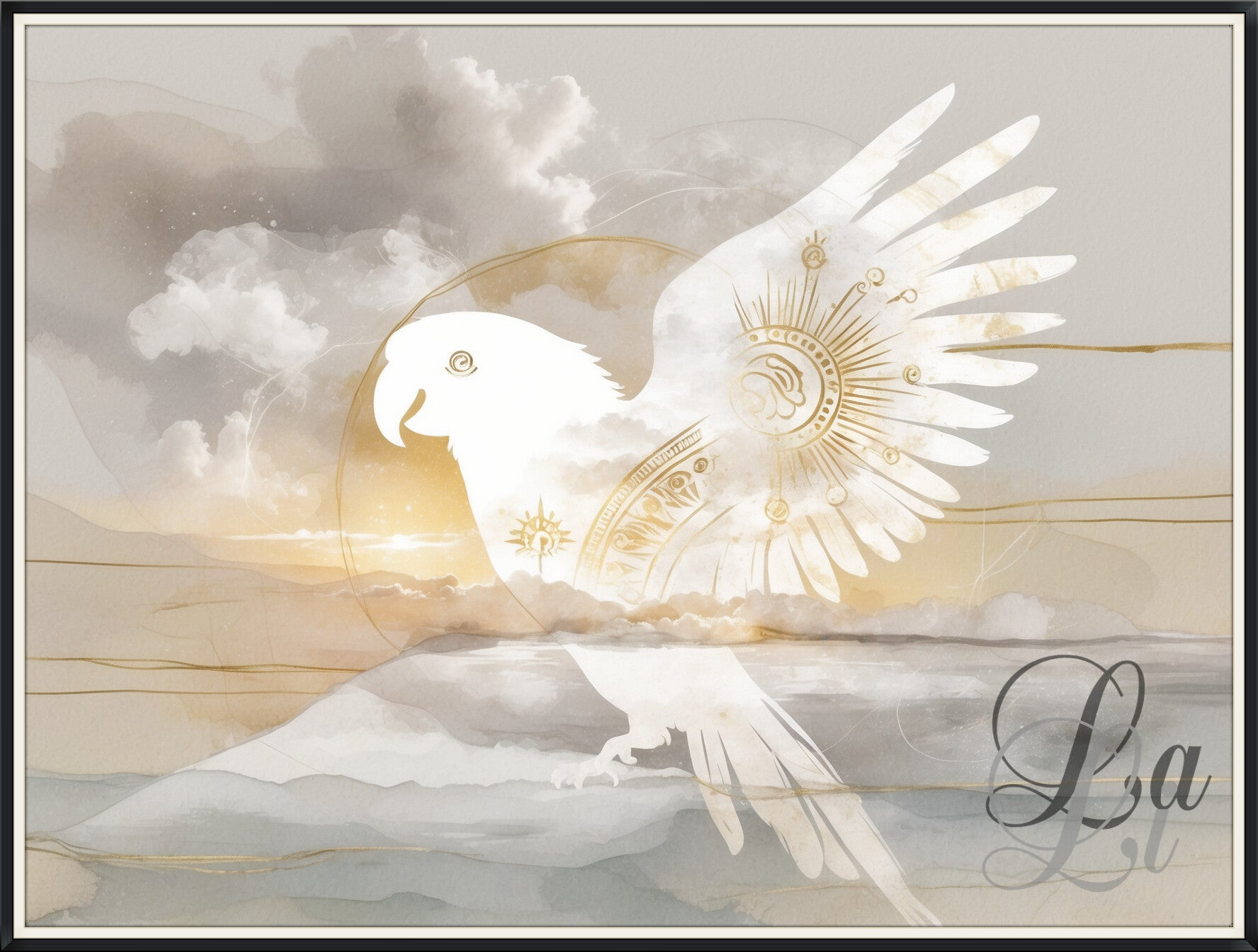 Ethereel kunstwerk van een witte papegaai met gouden zonaccenten die opstijgt door wolken en licht — symbool van vrijheid, spirituele groei en innerlijke helderheid.