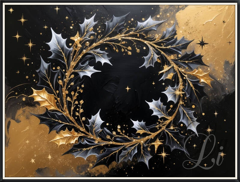 Golden and silver holly wreath artwork – festive holiday wall art with stars on black background, luxe moderne winterdecoratie schilderij krans