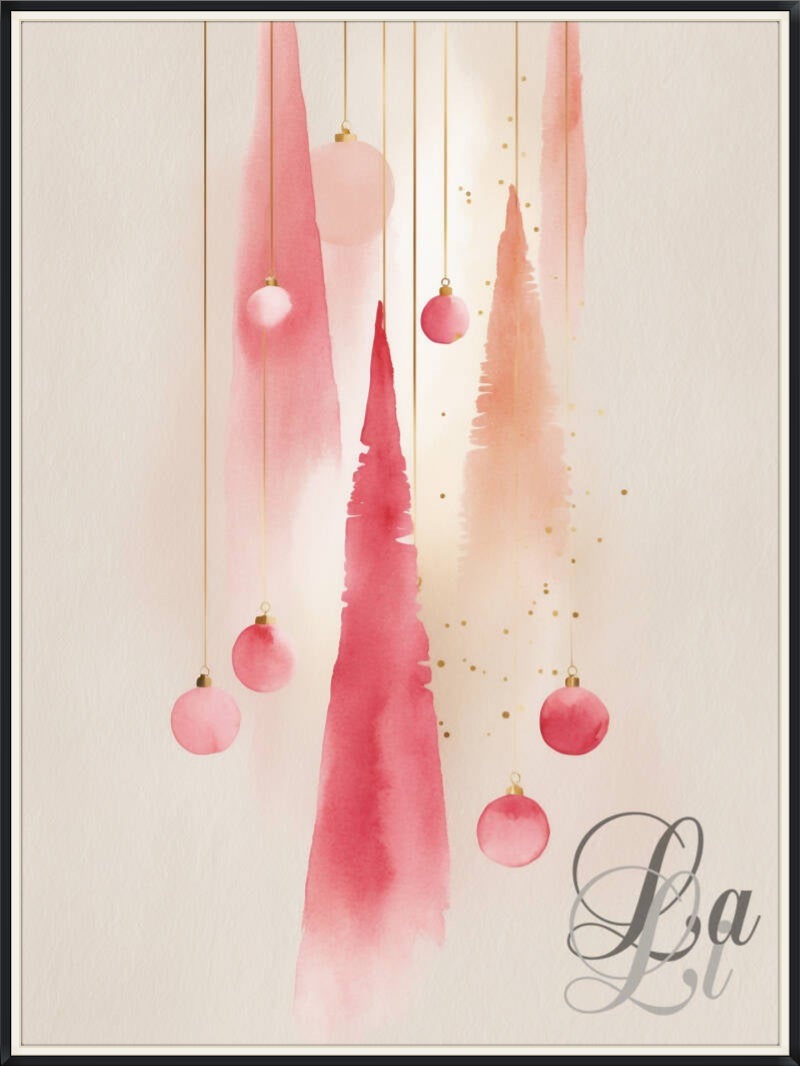 Serenity Pinkmas Trees – elegant watercolor Christmas art with pink tones, golden accents and festive ornaments, serene kerstbomen kunst