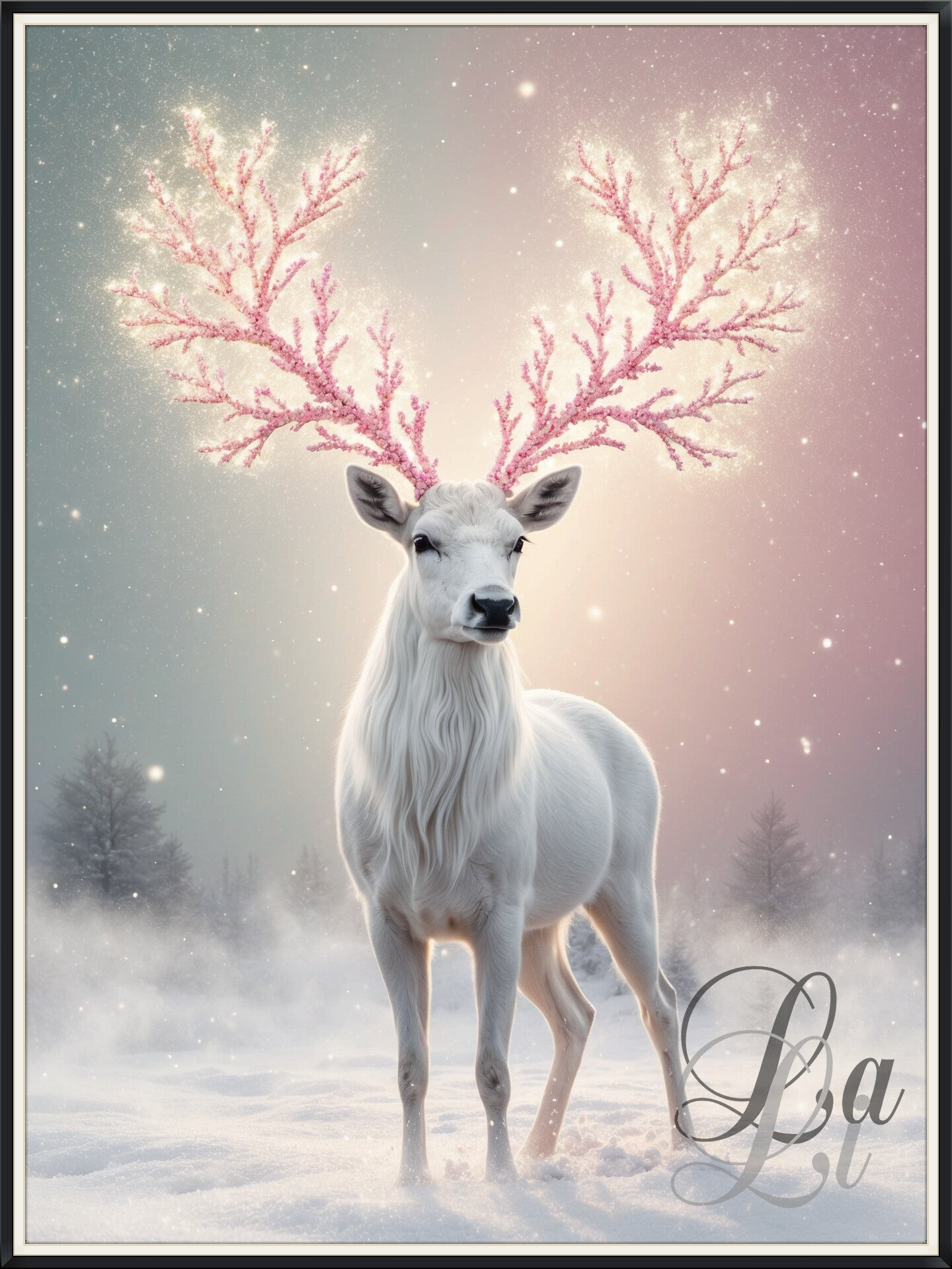 Surreal Pinkmas Reindeer – magical modern Christmas art featuring a white stag with sparkling pink antlers in a dreamy snowy scene, dromerig kerst hert kunst.