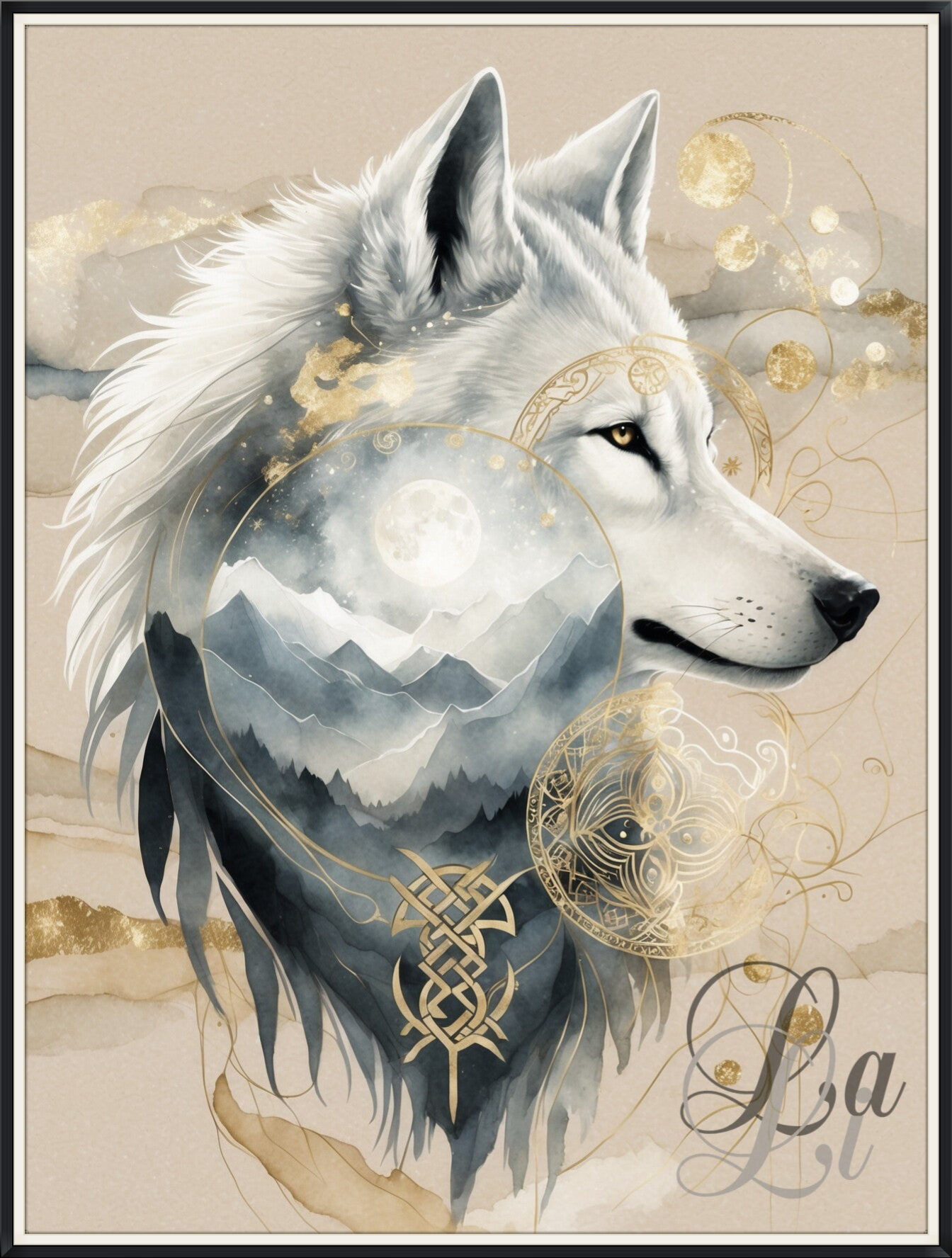 Ethereel kunstwerk van een witte wolf met gouden maansymbolen en bergen in zijn silhouet — symbool van intuïtie, bescherming en innerlijke wijsheid.