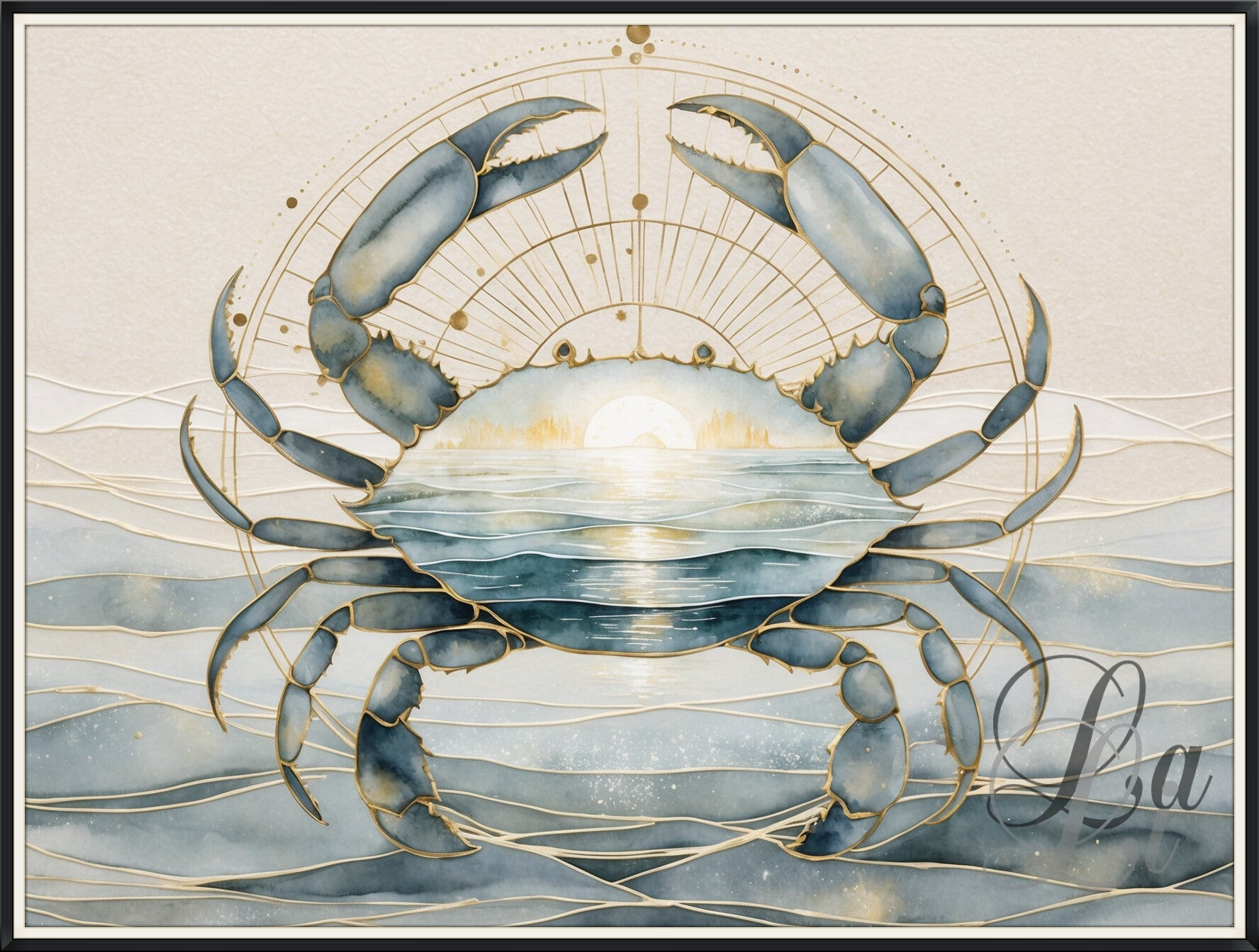 Ethereel kunstwerk van een blauwe krab met gouden accenten en oceaangolven — symbool van bescherming, intuïtie en innerlijke balans.
