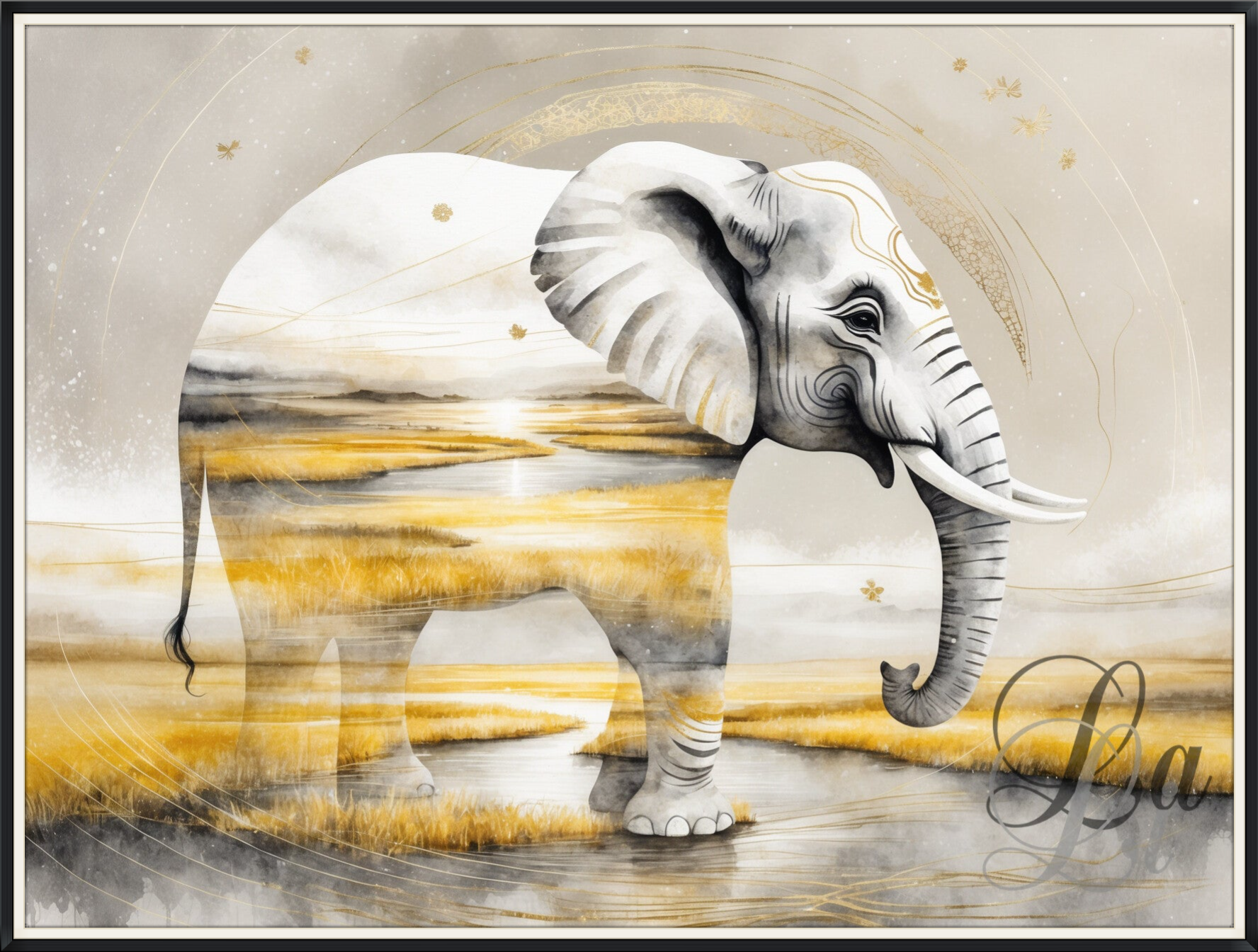 Ethereel kunstwerk van een olifant met gouden accenten en zacht stromend waterlandschap — symbool van wijsheid, overvloed en innerlijke rust.