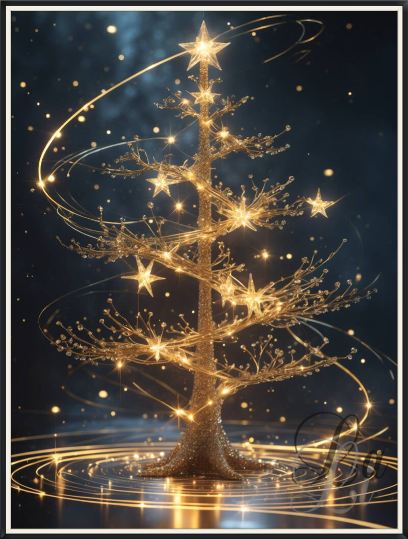 Golden Christmas tree artwork – luminous festive wall art with glowing stars and light swirls, luxe moderne kerstdecoratie schilderij boom