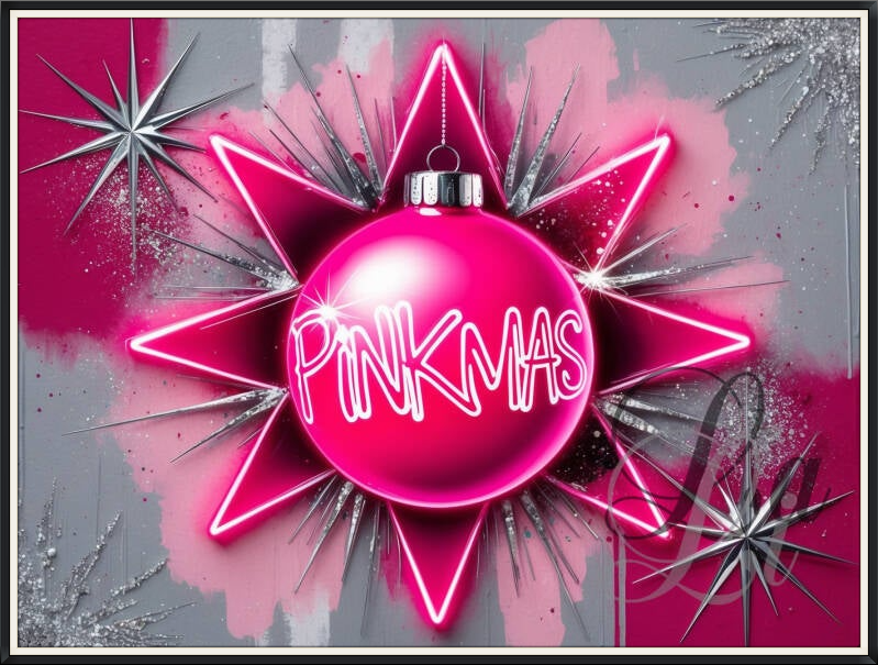 Neon Pinkmas Bauble – modern Christmas ornament in vibrant neon pink with silver stars and sparkling details, moderne kerstbal kunst.