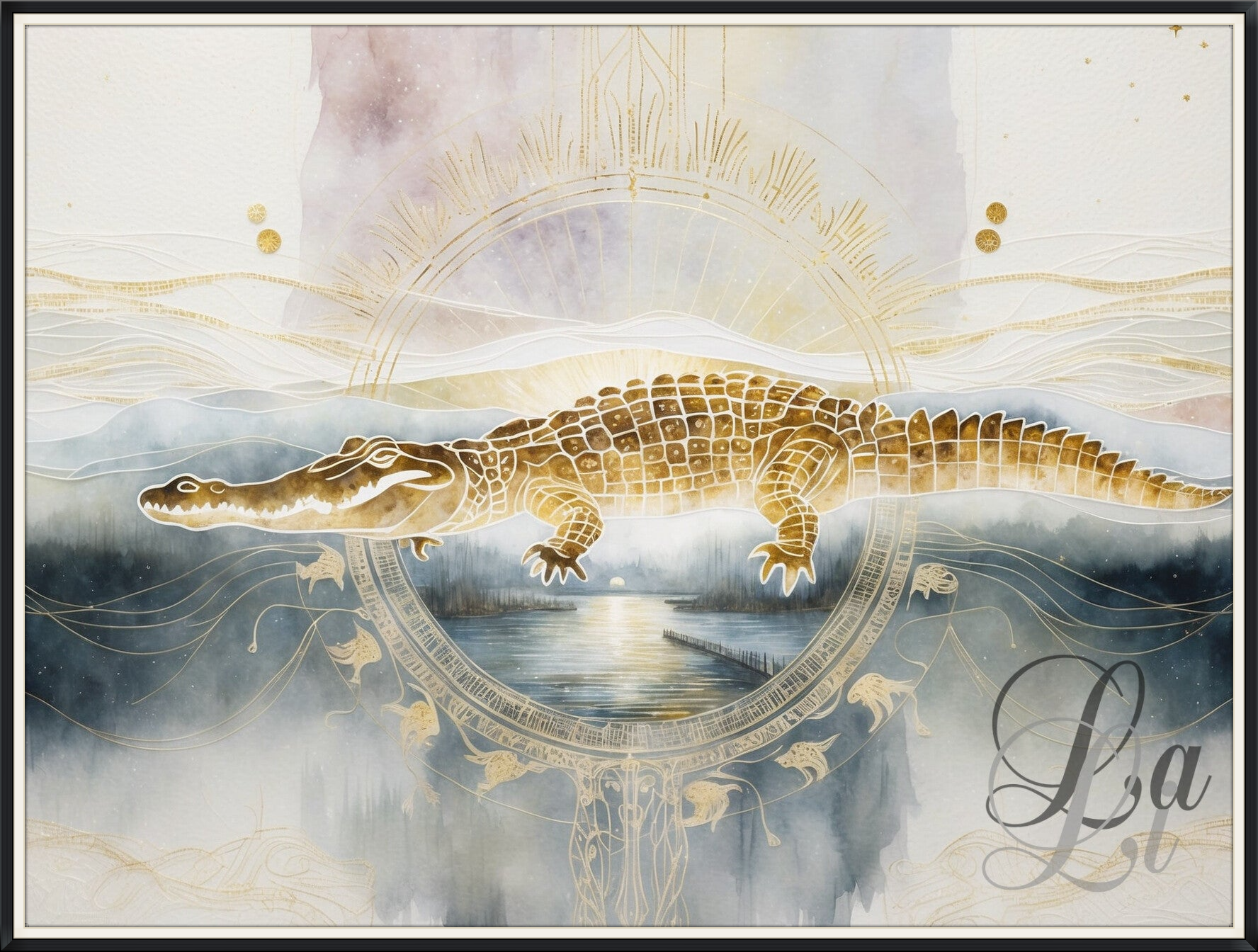 Ethereel kunstwerk van een gouden alligator die over een glanzende rivier zweeft, omlijst door gouden lijnen en mystieke symbolen — symbool van bescherming, intuïtie en vernieuwing.